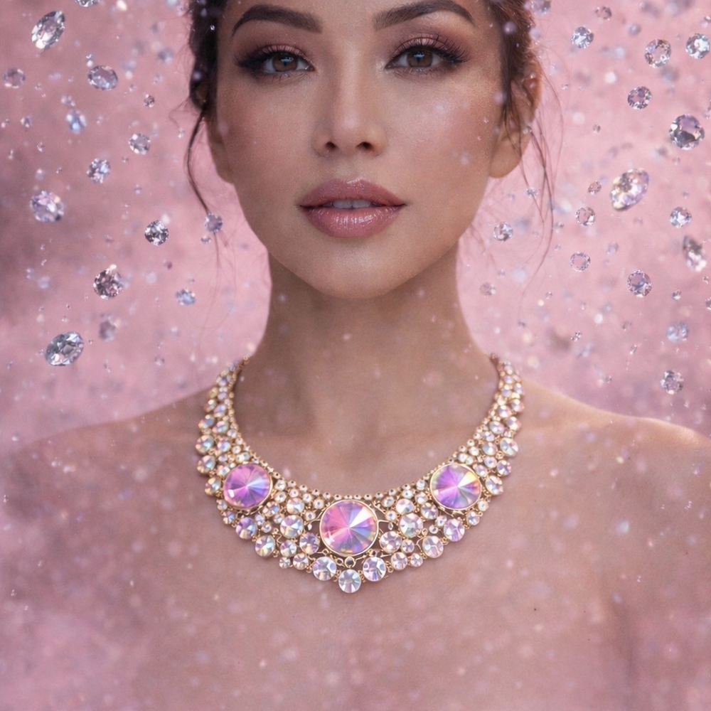 Elegant Natasha Goldtone & Rivoli Multicolor Aurora Borealis Statement Necklace
